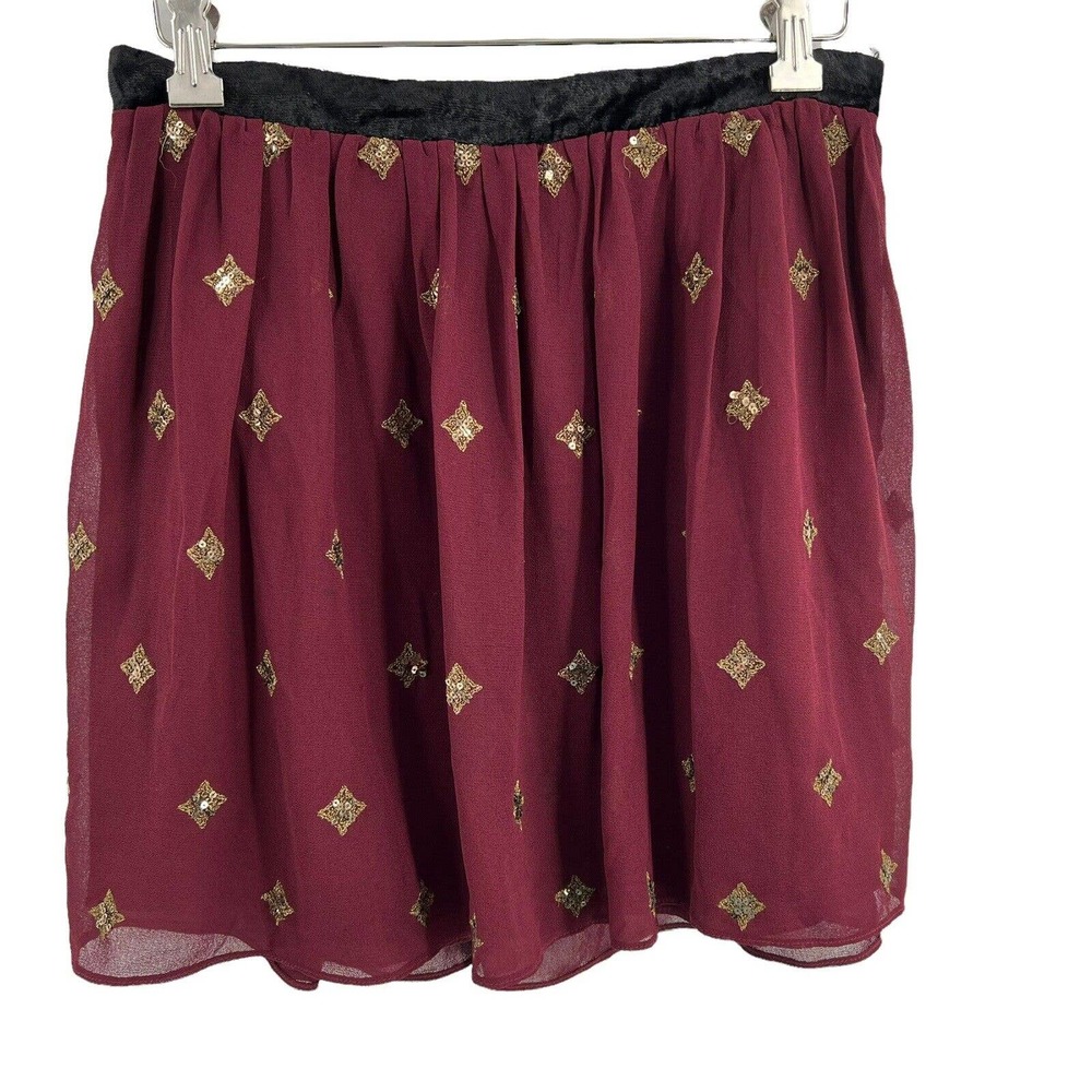 Claudie Pierlot Burgundy Chiffon Skirt with Gold Sequins Size 36 / US 6